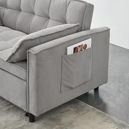 Ball & Cast Convertible Sofa Bed,Pull Out Loveseat Sleeper Sofa,Convertible Pull Out Couch W/2 Pillows,Adjustable Backrest & Side Pocket,Corduroy Futon Couches for Living Room,Apartment,Light Gray,54"