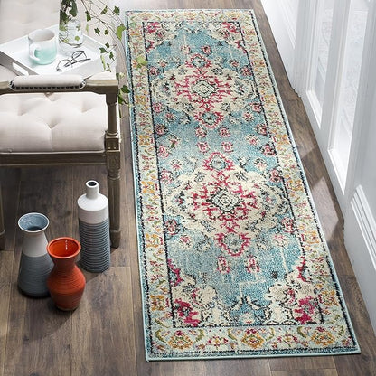 SAFAVIEH Monaco Collection Runner Rug - 2'2" x 8', Light Blue & Fuchsia, Boho Chic Medallion Distressed Design, Non-Shedding & Easy Care, Ideal for High Traffic Areas in Living Room, Bedroom (MNC243J)