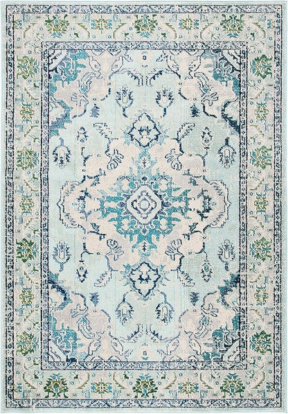 SAFAVIEH Monaco Collection Area Rug - 9' x 12', Light Blue & Ivory, Boho Chic Medallion Distressed Design, Non-Shedding & Easy Care, Ideal for High Traffic Areas in Living Room, Bedroom (MNC243K)