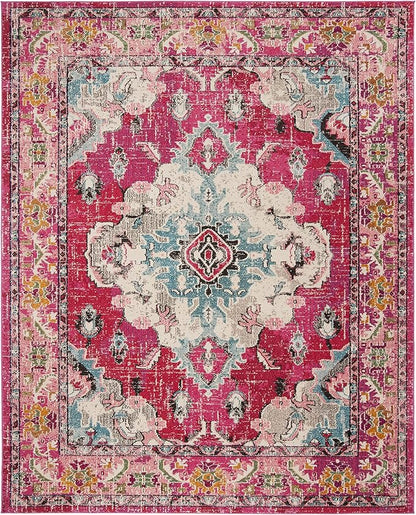 SAFAVIEH Monaco Collection Area Rug - 10' x 14', Pink & Multi, Boho Chic Medallion Distressed Design, Non-Shedding & Easy Care, Ideal for High Traffic Areas in Living Room, Bedroom (MNC243D)