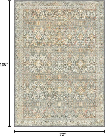 6X9 Area Rugs Machine Washable Rugs for Living Room, Vintage Boho Large Rugs for Bedroom Dining Room, Non Slip Indoor Soft Distressed Lightweight Thin Low Pile Carpet, Turmeric