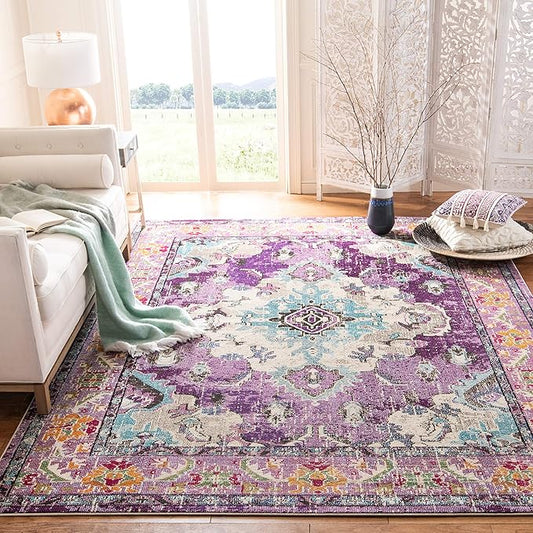 SAFAVIEH Monaco Collection X-Large Area Rug - 11' x 15', Violet & Light Blue, Medallion Distressed Design, Non-Shedding & Easy Care, Ideal for High Traffic Areas in Living Room, Bedroom (MNC243L)