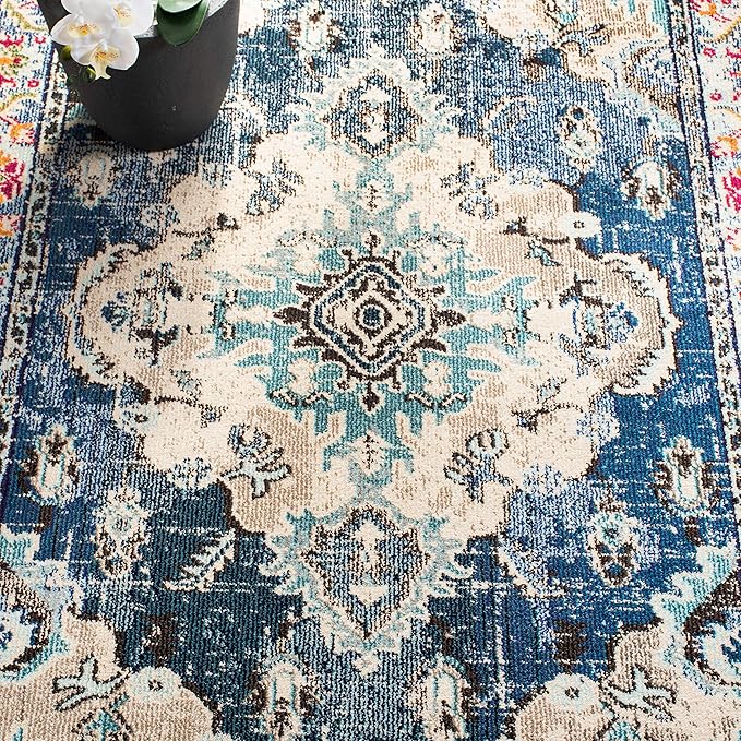 SAFAVIEH Monaco Collection Area Rug - 8' Square, Navy & Light Blue, Boho Chic Medallion Distressed Design, Non-Shedding & Easy Care, Ideal for High Traffic Areas in Living Room, Bedroom (MNC243N)