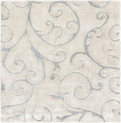 SAFAVIEH Florida Shag Collection Area Rug - 8' Square, Beige & Blue Grey, Scroll Design, Non-Shedding & Easy Care, 1.2-inch Thick Ideal for High Traffic Areas in Living Room, Bedroom (SG455-1155)