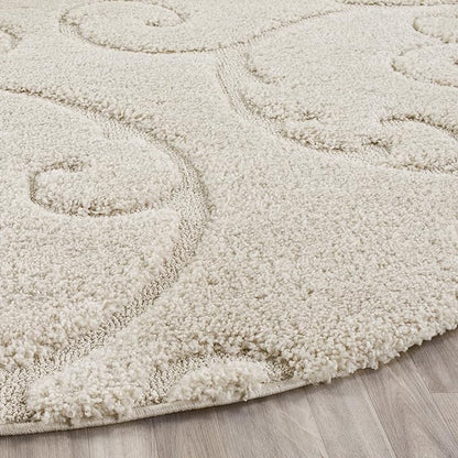 SAFAVIEH Florida Shag Collection Area Rug - 4' Round, Creme & Creme, Scroll Design, Non-Shedding & Easy Care, 1.2-inch Thick Ideal for High Traffic Areas in Living Room, Bedroom (SG455-1111)