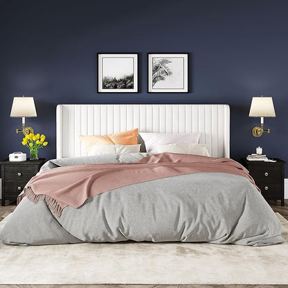 Allewie King Size Velvet Bed Frame/Vertical Channel Tufted Wingback Headboard/Upholstered Platform Bed/No Box Spring Needed/Strong Wooden Slats/Easy Assembly/White