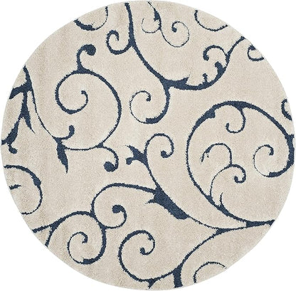 SAFAVIEH Florida Shag Collection 10' Round Cream/Blue SG455 Scrolling Vine Graceful Swirl Textured Non-Shedding Living Room Bedroom Dining Room Entryway Plush 1.2-inch Thick Area Rug