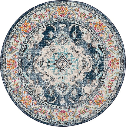 SAFAVIEH Monaco Collection Area Rug - 8' Round, Navy & Light Blue, Boho Chic Medallion Distressed Design, Non-Shedding & Easy Care, Ideal for High Traffic Areas in Living Room, Bedroom (MNC243N)