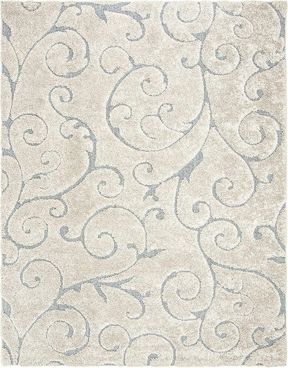 SAFAVIEH Florida Shag Collection Area Rug - 5'3" x 7'6", Beige & Blue Grey, Scroll Design, Non-Shedding & Easy Care, 1.2-inch Thick Ideal for High Traffic Areas in Living Room, Bedroom (SG455-1155)