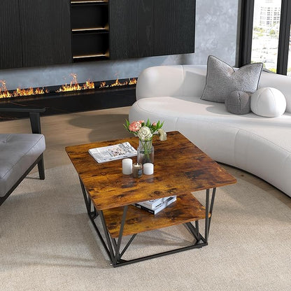 Elephance Square Coffee Table for Living Room, Modern 31.5" Two-Tier Caramel Brown Table with Wooden Top-Almond and Black Frame