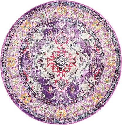 SAFAVIEH Monaco Collection Area Rug - 5' Round, Violet & Fuchsia, Boho Chic Medallion Distressed Design, Non-Shedding & Easy Care, Ideal for High Traffic Areas in Living Room, Bedroom (MNC243P)