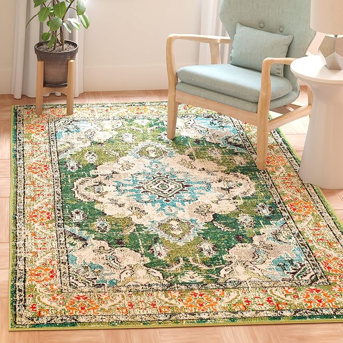 SAFAVIEH Monaco Collection Area Rug - 6'7" x 9'2", Forest Green & Light Blue, Medallion Distressed Design, Non-Shedding & Easy Care, Ideal for High Traffic Areas in Living Room, Bedroom (MNC243F)