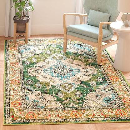 SAFAVIEH Monaco Collection Area Rug - 6'7" x 9'2", Forest Green & Light Blue, Medallion Distressed Design, Non-Shedding & Easy Care, Ideal for High Traffic Areas in Living Room, Bedroom (MNC243F)