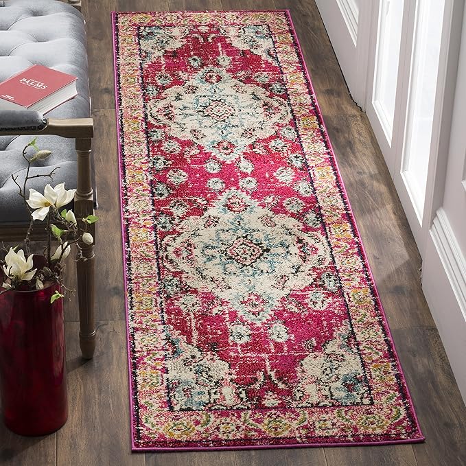 SAFAVIEH Monaco Collection Runner Rug - 2'2" x 10', Pink & Multi, Boho Chic Medallion Distressed Design, Non-Shedding & Easy Care, Ideal for High Traffic Areas in Living Room, Bedroom (MNC243D)