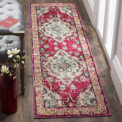 SAFAVIEH Monaco Collection Runner Rug - 2'2" x 10', Pink & Multi, Boho Chic Medallion Distressed Design, Non-Shedding & Easy Care, Ideal for High Traffic Areas in Living Room, Bedroom (MNC243D)