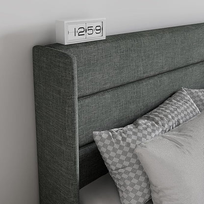 SHA CERLIN Full Size Lift Up Storage Bed/Modern Wingback Headboard/Upholstered Platform Bed Frame/Hydraulic Storage/No Box Spring Needed/Wood Slats Support/Dark Grey