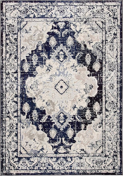 SAFAVIEH Monaco Collection Area Rug - 9' x 12', Ivory & Navy, Boho Chic Medallion Distressed Design, Non-Shedding & Easy Care, Ideal for High Traffic Areas in Living Room, Bedroom (MNC243C)
