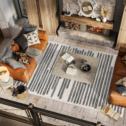JONATHAN Y Khalil Modern Berber Stripe Cream/Black Indoor Area Rug, 5x8, Contemporary, Bohemian, Easy-Cleaning for Living Room, Bedroom, Kitchen, Pet Friendly, Non-Shedding (MOH207A-5)