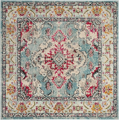 SAFAVIEH Monaco Collection Area Rug - 5' Square, Light Blue & Fuchsia, Boho Chic Medallion Distressed Design, Non-Shedding & Easy Care, Ideal for High Traffic Areas in Living Room, Bedroom (MNC243J)