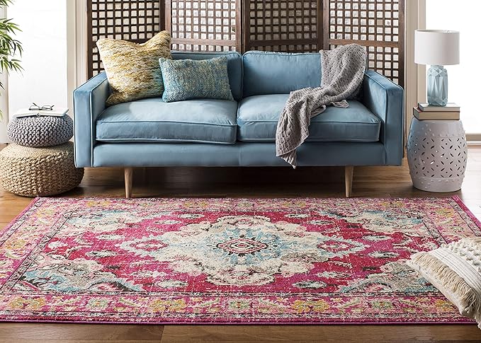 SAFAVIEH Monaco Collection Area Rug - 8'8" Square, Pink & Multi, Boho Chic Medallion Distressed Design, Non-Shedding & Easy Care, Ideal for High Traffic Areas in Living Room, Bedroom (MNC243D)
