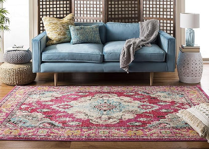 SAFAVIEH Monaco Collection Area Rug - 4' Square, Pink & Multi, Boho Chic Medallion Distressed Design, Non-Shedding & Easy Care, Ideal for High Traffic Areas in Living Room, Bedroom (MNC243D)