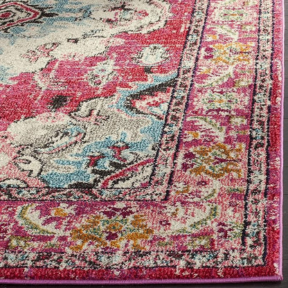 SAFAVIEH Monaco Collection Area Rug - 6'7" x 9'2", Pink & Multi, Boho Chic Medallion Distressed Design, Non-Shedding & Easy Care, Ideal for High Traffic Areas in Living Room, Bedroom (MNC243D)