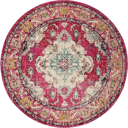 SAFAVIEH Monaco Collection Area Rug - 5' Round, Pink & Multi, Boho Chic Medallion Distressed Design, Non-Shedding & Easy Care, Ideal for High Traffic Areas in Living Room, Bedroom (MNC243D)