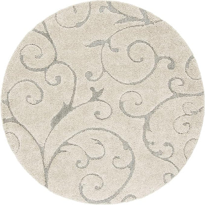 SAFAVIEH Florida Shag Collection Area Rug - 6'7" Round, Beige & Blue Grey, Scroll Design, Non-Shedding & Easy Care, 1.2-inch Thick Ideal for High Traffic Areas in Living Room, Bedroom (SG455-1155)