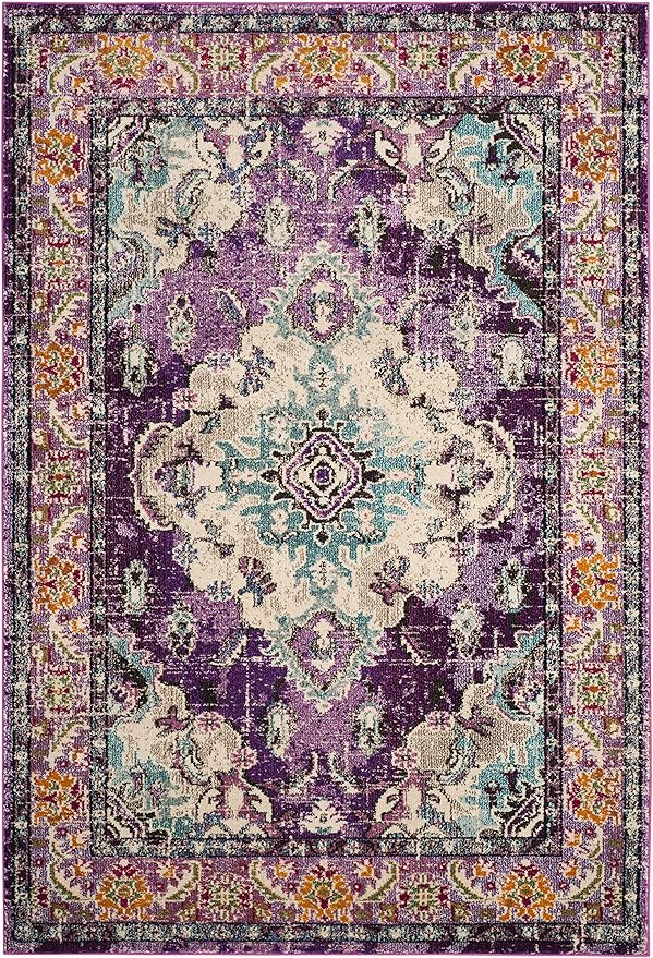 SAFAVIEH Monaco Collection Area Rug - 5'1" x 7'7", Violet & Light Blue, Boho Chic Medallion Distressed Design, Non-Shedding & Easy Care, Ideal for High Traffic Areas in Living Room, Bedroom (MNC243L)