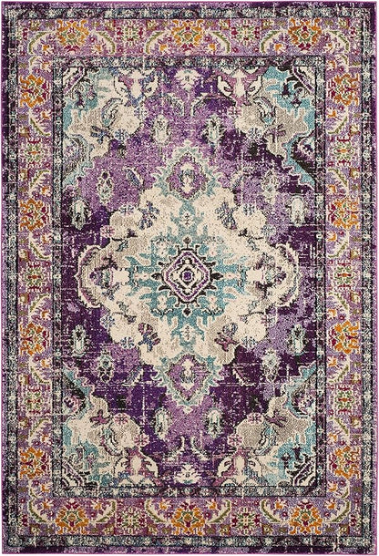 SAFAVIEH Monaco Collection Area Rug - 5'1" x 7'7", Violet & Light Blue, Boho Chic Medallion Distressed Design, Non-Shedding & Easy Care, Ideal for High Traffic Areas in Living Room, Bedroom (MNC243L)