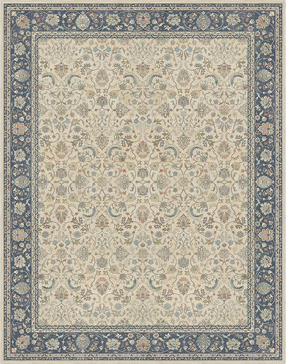 8X10 Area Rugs Machine Washable Rugs for Living Room, Vintage Boho Large Rugs for Bedroom Dining Room, Non Slip Indoor Soft Distressed Lightweight Thin Low Pile Carpet, Ivory Navy Blue