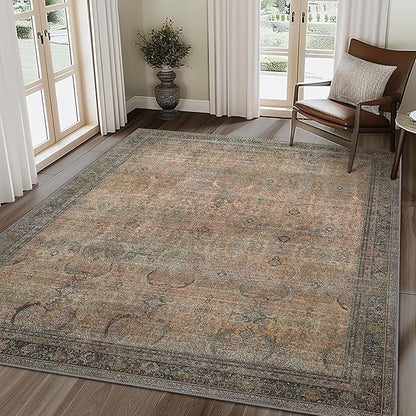 2X5 Area Rugs Machine Washable Rugs for Living Room, Vintage Boho Large Rugs for Bedroom Dining Room, Non Slip Indoor Soft Distressed Lightweight Thin Low Pile Carpet, Vintage Sunset