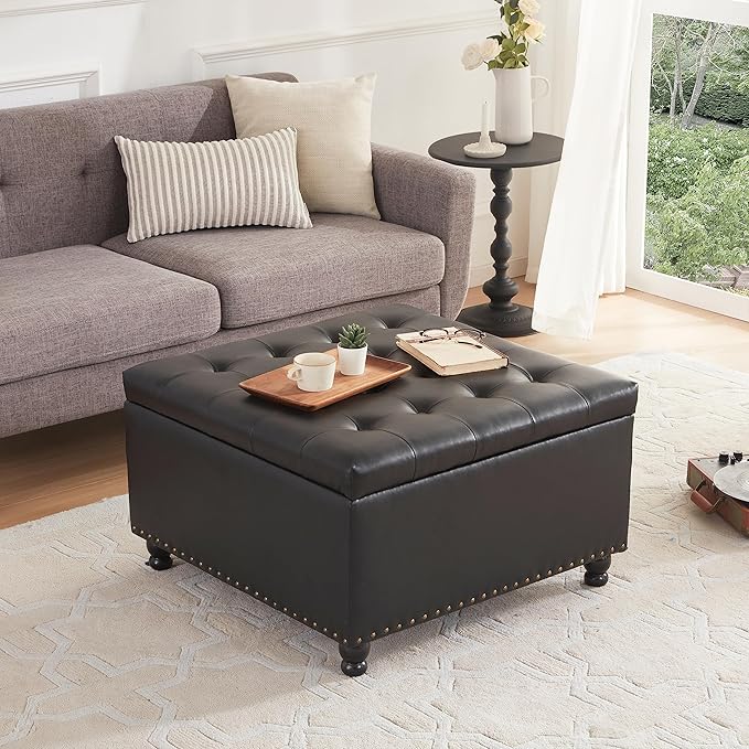 Tbfit Large Square Storage Ottoman Bench, Button Tufted Coffee Table, Oversized Storage Ottomans Toy Box Footrest for Living Room, Black