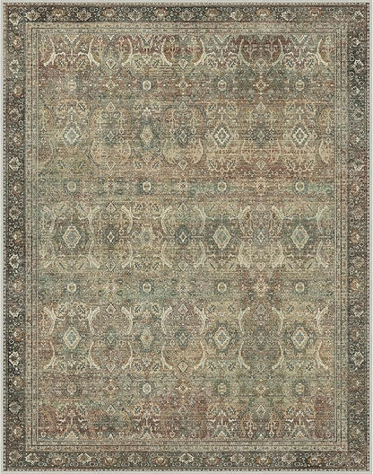 8X10 Area Rugs Machine Washable Rugs for Living Room, Vintage Boho Large Rugs for Bedroom Dining Room, Non Slip Indoor Soft Distressed Lightweight Thin Low Pile Carpet, Green Faded Red