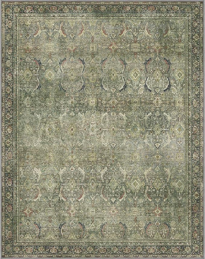 9X12 Area Rugs Machine Washable Rugs for Living Room, Vintage Boho Large Rugs for Bedroom Dining Room, Non Slip Indoor Soft Distressed Lightweight Thin Low Pile Carpet, Green
