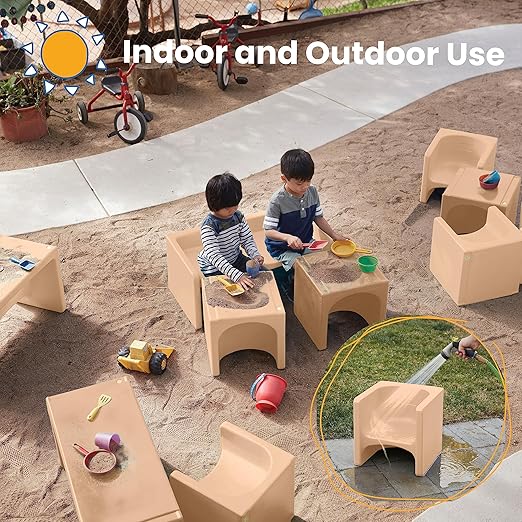 ECR4Kids Tri-Me Table and Cube Chair Set, Multipurpose Furniture, Sand, 3-Piece