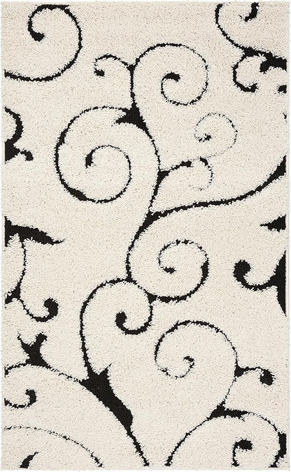 SAFAVIEH Florida Shag Collection Accent Rug - 4' x 6', Ivory & Black, Scroll Design, Non-Shedding & Easy Care, 1.2-inch Thick Ideal for High Traffic Areas in Foyer, Living Room, Bedroom (SG455-1290)