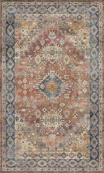 GENIMO 3x5 Area Rugs for Living Room, Machine Washable Non Slip Vintage Rugs, Low Pile Lightweight Chenille Print Rug for Bedroom, Dining Room, Home Office, Antique Red