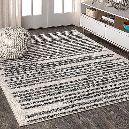 JONATHAN Y Khalil Modern Berber Stripe Cream/Black Indoor Area Rug, 9x12, Contemporary, Bohemian, Easy-Cleaning for Living Room, Bedroom, Kitchen, Pet Friendly, Non-Shedding (MOH207A-9)