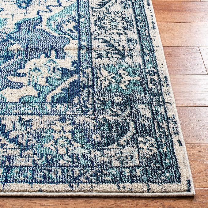 SAFAVIEH Monaco Collection Area Rug - 5'1" x 7'7", Ivory & Blue, Boho Chic Medallion Distressed Design, Non-Shedding & Easy Care, Ideal for High Traffic Areas in Living Room, Bedroom (MNC243A)