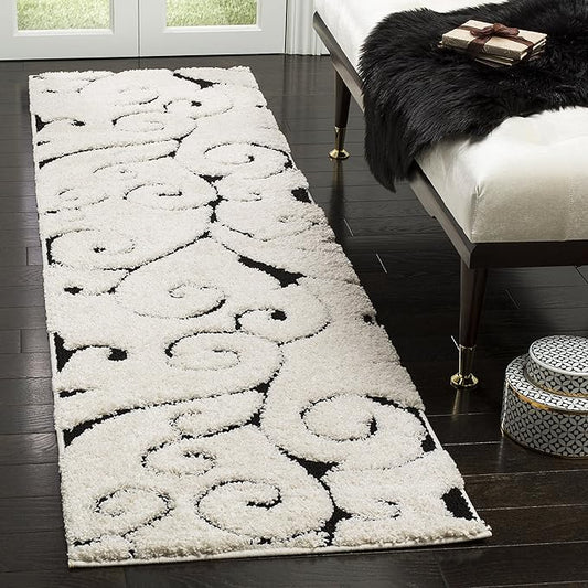 SAFAVIEH Florida Shag Collection Runner Rug - 2'3" x 8', Ivory & Black, Scroll Design, Non-Shedding & Easy Care, 1.2-inch Thick Ideal for High Traffic Areas in Living Room, Bedroom (SG455-1290)