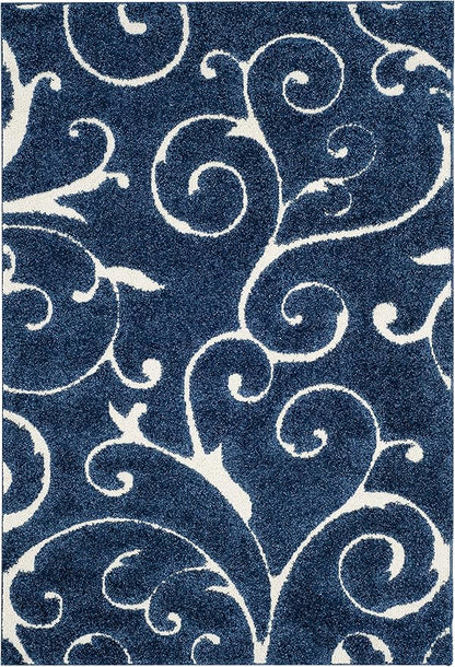 SAFAVIEH Florida Shag Collection Accent Rug - 4' x 6', Dark Blue & Cream, Scroll, Non-Shedding & Easy Care, 1.2-inch Thick Ideal for High Traffic Areas in Entryway, Living Room, Bedroom (SG455-6511)
