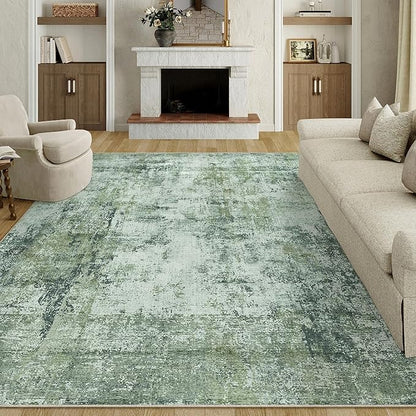 9x12 Area Rug Dark Green Modern Neutral Abstract Living Room Bedroom Indoor Floor Carpet Low Pile Soft Non-Slip Lightweight Vacuumable Washable Large Throw Rug for Nursery Dining Room