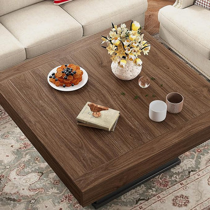 LED Coffee Tables for Living Room, Farmhouse Wood Coffee Table, 33.5" Square Coffee Table with Storage, Large Vintage Brown Center Table, Living Room Tables Cocktail Table (Vintage Brown)