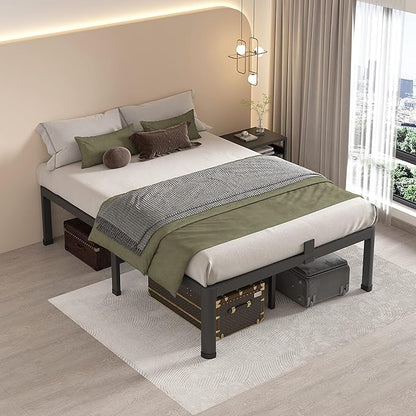 MAF 16 Inch Full Size Bed Frame with Round Corner Legs Mattress Slide Stopper No Box Spring Needed Heavy Duty Metal Platform Bed Frames Under-Bed Storage Space, 3000 LBS Steel Slats Support