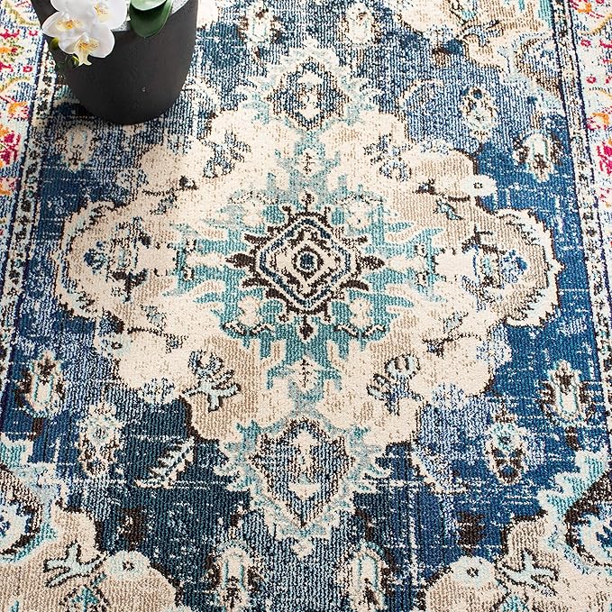 SAFAVIEH Monaco Collection Runner Rug - 2'2" x 10', Navy & Light Blue, Boho Chic Medallion Distressed Design, Non-Shedding & Easy Care, Ideal for High Traffic Areas in Living Room, Bedroom (MNC243N)
