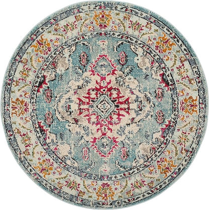 SAFAVIEH Monaco Collection Area Rug - 3' Round, Light Blue & Fuchsia, Boho Chic Medallion Distressed Design, Non-Shedding & Easy Care, Ideal for High Traffic Areas in Living Room, Bedroom (MNC243J)