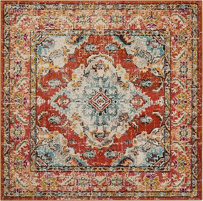 SAFAVIEH Monaco Collection Area Rug - 8' Square, Orange & Light Blue, Boho Chic Medallion Distressed Design, Non-Shedding & Easy Care, Ideal for High Traffic Areas in Living Room, Bedroom (MNC243H)