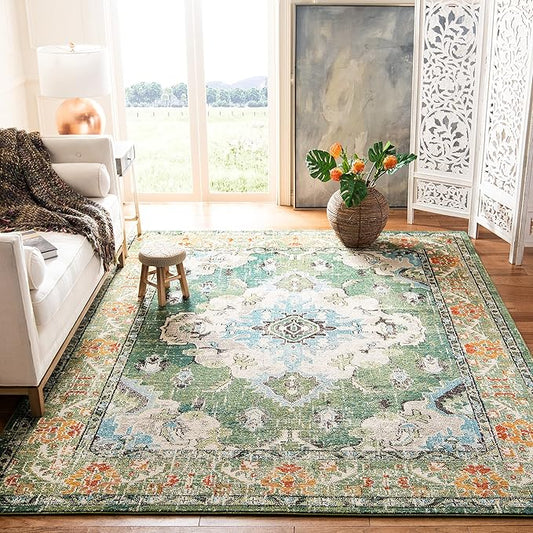 SAFAVIEH Monaco Collection X-Large Area Rug - 12' x 18', Forest Green & Light Blue, Medallion Distressed, Non-Shedding & Easy Care, Ideal for High Traffic Areas in Living Room, Bedroom (MNC243F)
