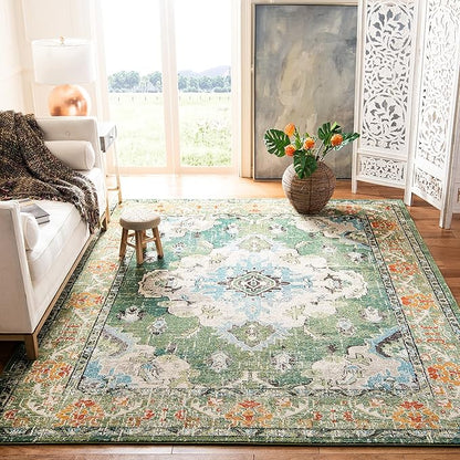 SAFAVIEH Monaco Collection Area Rug - 8' x 10', Forest Green & Light Blue, Boho Medallion Distressed Design, Non-Shedding & Easy Care, Ideal for High Traffic Areas in Living Room, Bedroom (MNC243F)